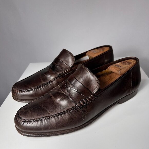 SANTONI Penny Loafer Dark Brown Leather Men Shoes 12D Made in Italy - Picture 1 of 6